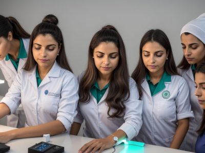 Representação visual do empoderamento feminino na ciência, com cientistas mulheres colaborando em um laboratório moderno e inspirador, com foco em inovação e pesquisa.