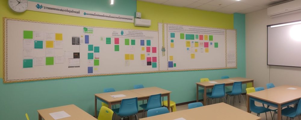 Estudantes colaborando em projetos de empreendedorismo social em sala de aula, com foco em inovação e impacto na educação.