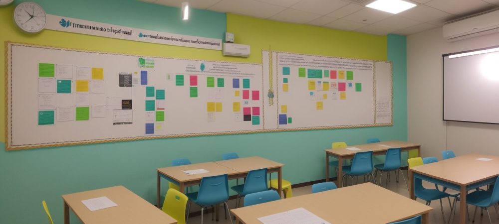 Estudantes colaborando em projetos de empreendedorismo social em sala de aula, com foco em inovação e impacto na educação.