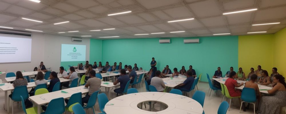 Imagem mostrando projetos de empreendedorismo social na educação, com educadores e alunos colaborando em sala de aula.