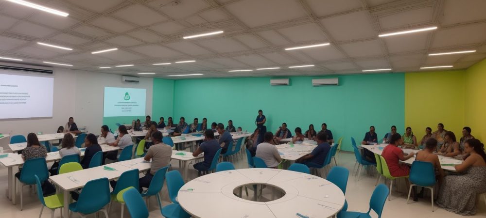 Imagem mostrando projetos de empreendedorismo social na educação, com educadores e alunos colaborando em sala de aula.