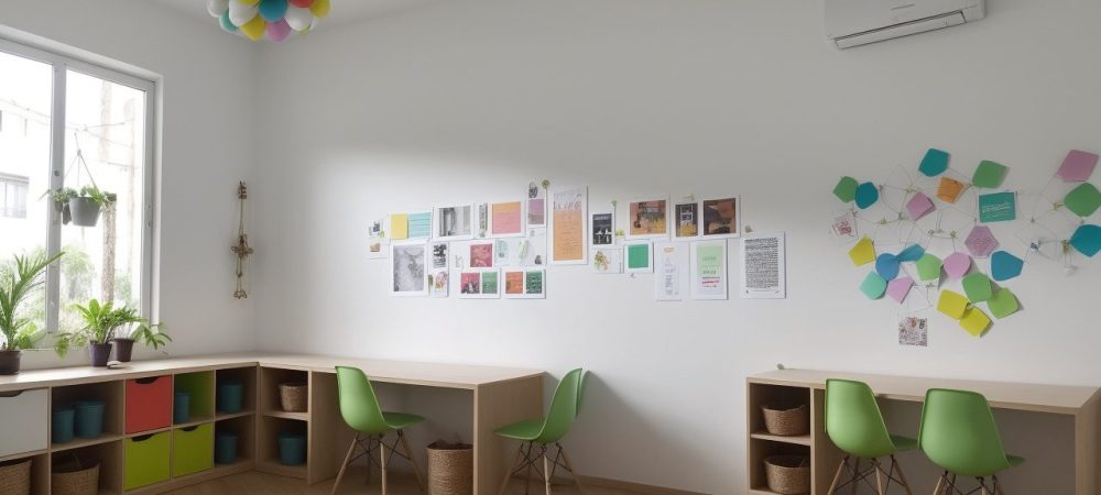 Imagem de sala de aula com alunos trabalhando em projetos de empreendedorismo social, focando em impacto social e inovação educacional.