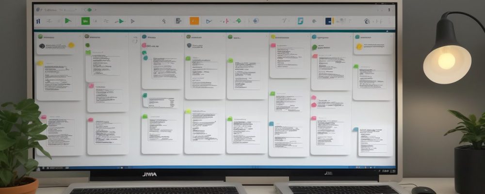 Ilustração de um time de engenharia de software trabalhando em um projeto, utilizando metodologias ágeis e ferramentas de gestão.