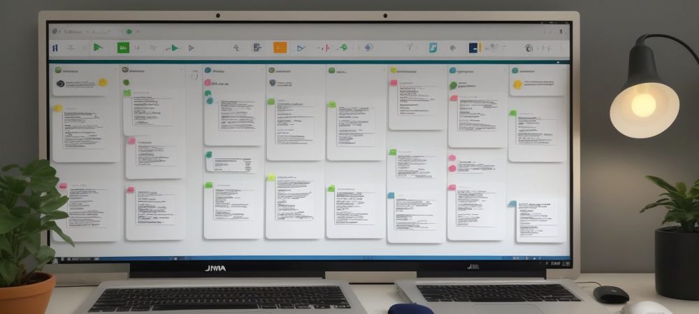 Engenharia de Software: Transformando Projetos com Metodologias Ágeis Ilustração de um time de engenharia de software trabalhando em um projeto, utilizando metodologias ágeis e ferramentas de gestão.
