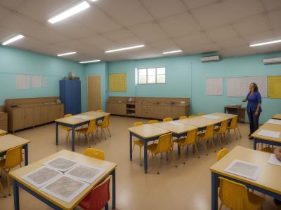 Ilustração de sala de aula com crianças aprendendo história local, explorando mapas e fontes históricas da cidade.