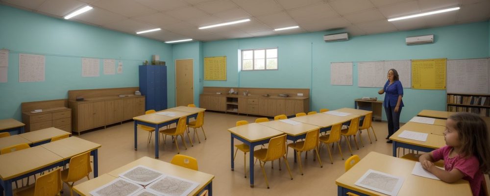 Ilustração de sala de aula com crianças aprendendo história local, explorando mapas e fontes históricas da cidade.