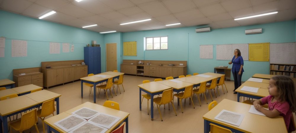 Ilustração de sala de aula com crianças aprendendo história local, explorando mapas e fontes históricas da cidade.