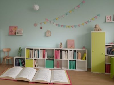 Sala de aula com alunos envolvidos em atividades de literatura, explorando livros e projetos de leitura.