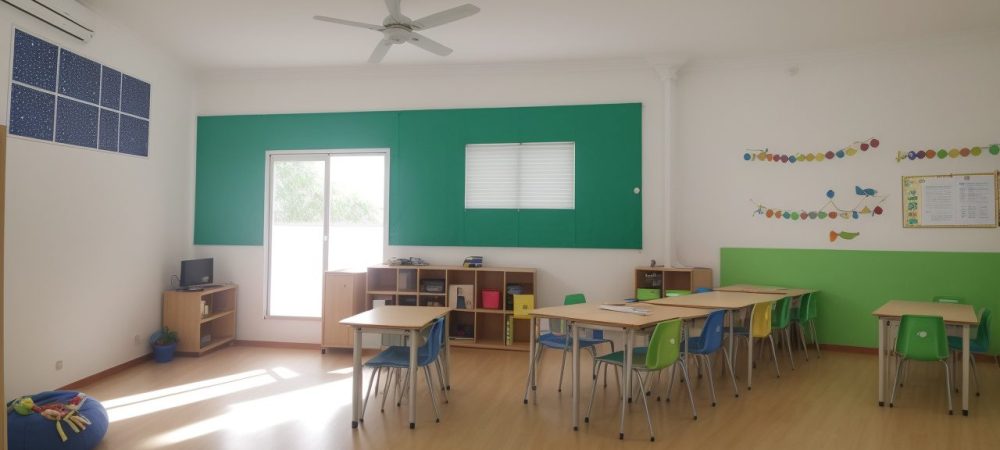 Crianças aprendendo matemática de forma interativa e divertida em uma sala de aula, com recursos didáticos e professores motivados.