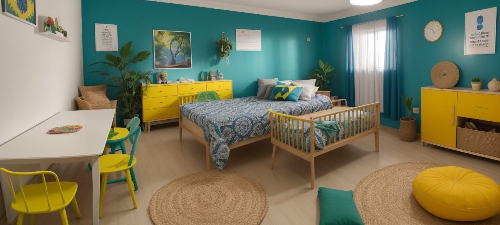 Crianças em sala de aula alegre usando jogos e atividades lúdicas para aprender espanhol.