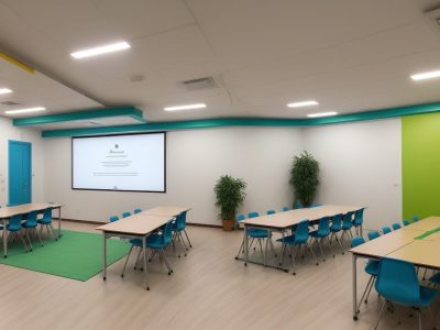 Alunos e professores interagindo em uma sala de aula de ensino híbrido, com recursos digitais e atividades colaborativas.