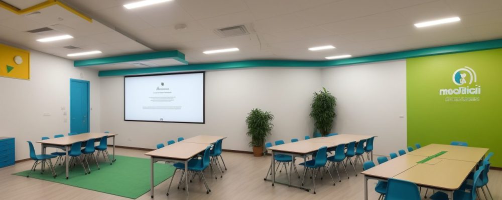 Alunos e professores interagindo em uma sala de aula de ensino híbrido, com recursos digitais e atividades colaborativas.