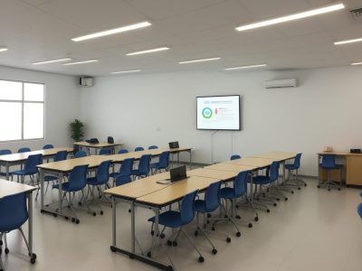 Crianças aprendendo em uma sala de aula de ensino híbrido, com tecnologia e interação.