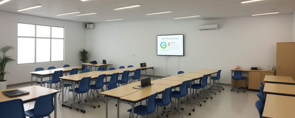 Crianças aprendendo em uma sala de aula de ensino híbrido, com tecnologia e interação.