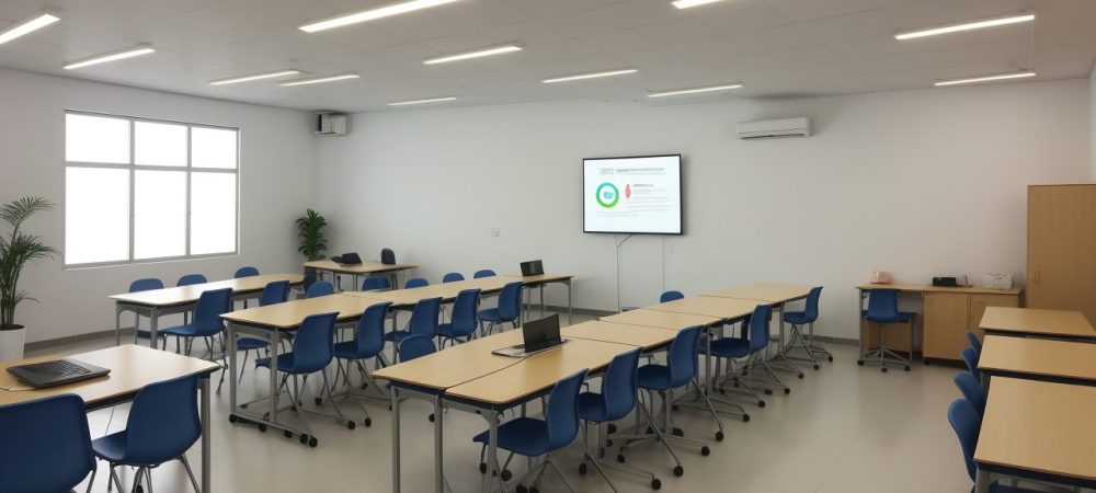 Ensino Híbrido: Sala de Aula Dinâmica e Tecnológica Crianças aprendendo em uma sala de aula de ensino híbrido, com tecnologia e interação.