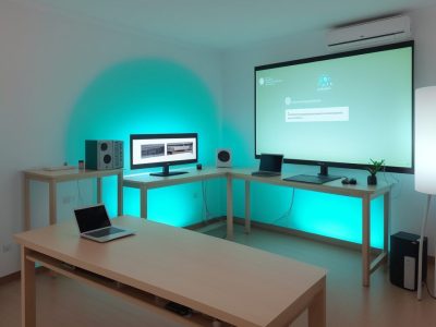 Alunos interagindo em um ambiente de ensino híbrido, utilizando tecnologia e colaborando em projetos.