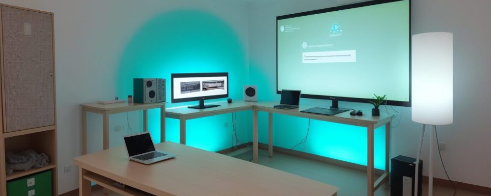 Alunos interagindo em um ambiente de ensino híbrido, utilizando tecnologia e colaborando em projetos.