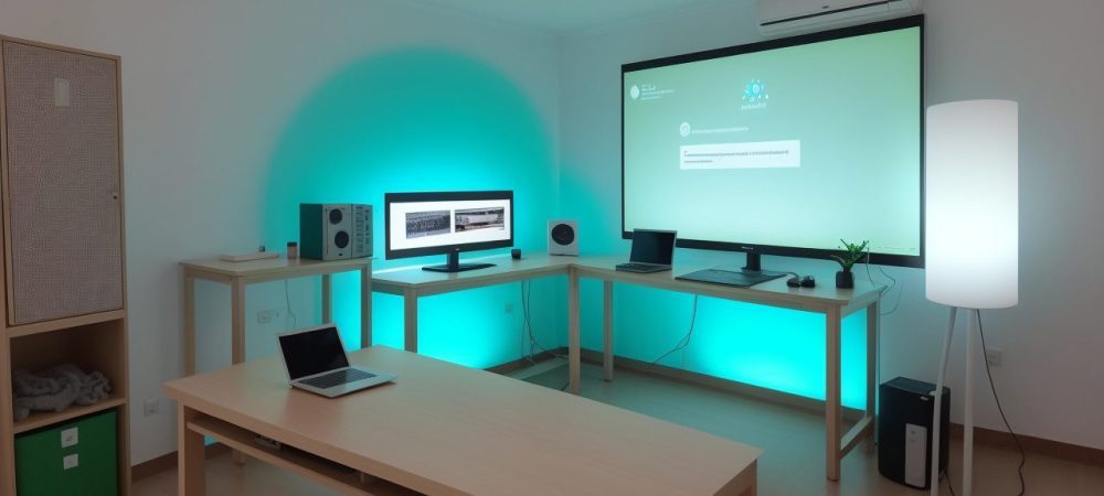 Alunos interagindo em um ambiente de ensino híbrido, utilizando tecnologia e colaborando em projetos.