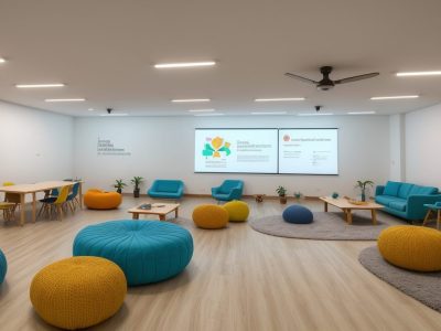 Sala de aula com alunos engajados em projetos interdisciplinares, explorando a integração curricular e metodologias inovadoras.