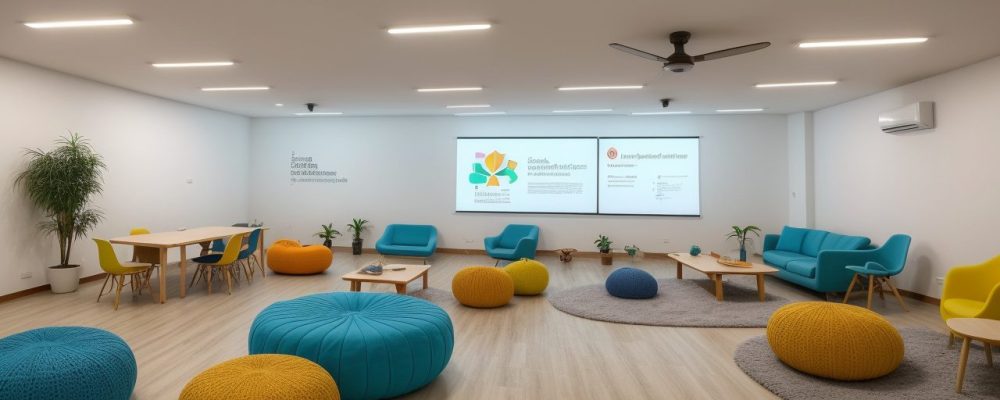 Sala de aula com alunos engajados em projetos interdisciplinares, explorando a integração curricular e metodologias inovadoras.