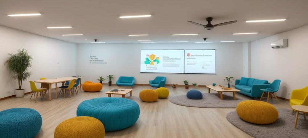 Sala de aula com alunos engajados em projetos interdisciplinares, explorando a integração curricular e metodologias inovadoras.