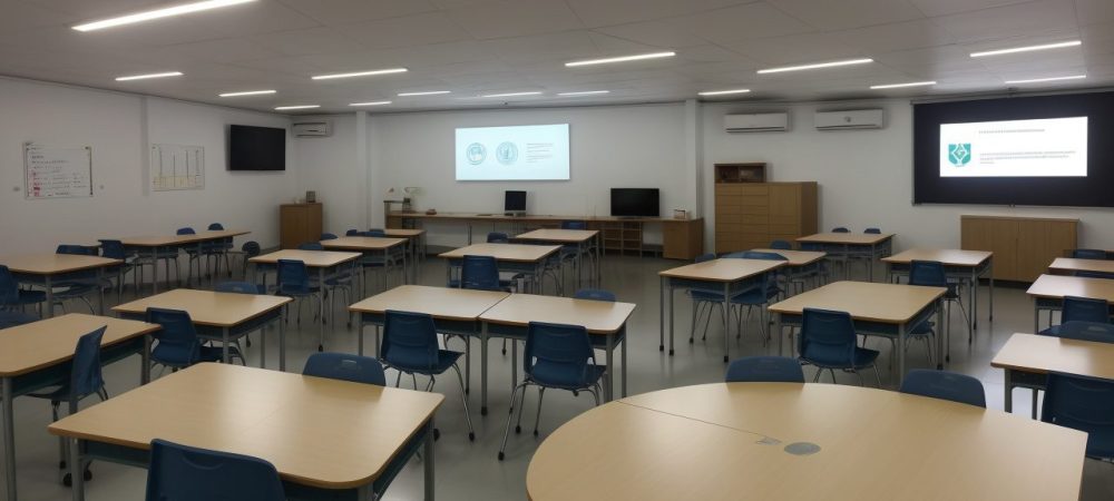 Visão geral do ensino militar em uma sala de aula, com foco na disciplina e preparação para a carreira militar, mostrando benefícios e métodos