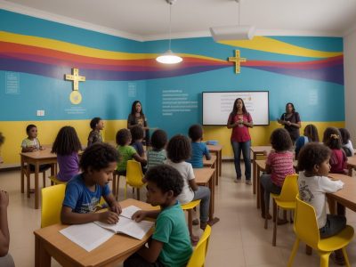 Crianças em sala de aula participando de atividades de ensino religioso, promovendo a diversidade e a empatia.