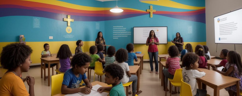 Crianças em sala de aula participando de atividades de ensino religioso, promovendo a diversidade e a empatia.