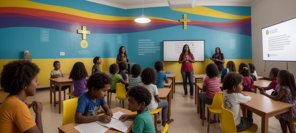 Crianças em sala de aula participando de atividades de ensino religioso, promovendo a diversidade e a empatia.