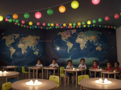 Crianças em sala de aula, participando de atividades de ensino religioso sobre diversidade cultural e religiosa