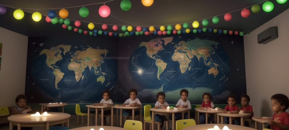 Crianças em sala de aula, participando de atividades de ensino religioso sobre diversidade cultural e religiosa