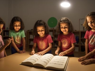 Professores e alunos engajados em aula de ensino da arte, com foco em música e novas estratégias pedagógicas.