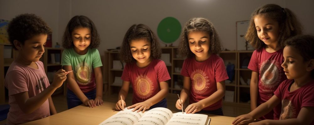 Professores e alunos engajados em aula de ensino da arte, com foco em música e novas estratégias pedagógicas.