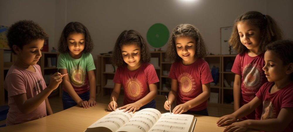 Professores e alunos engajados em aula de ensino da arte, com foco em música e novas estratégias pedagógicas.