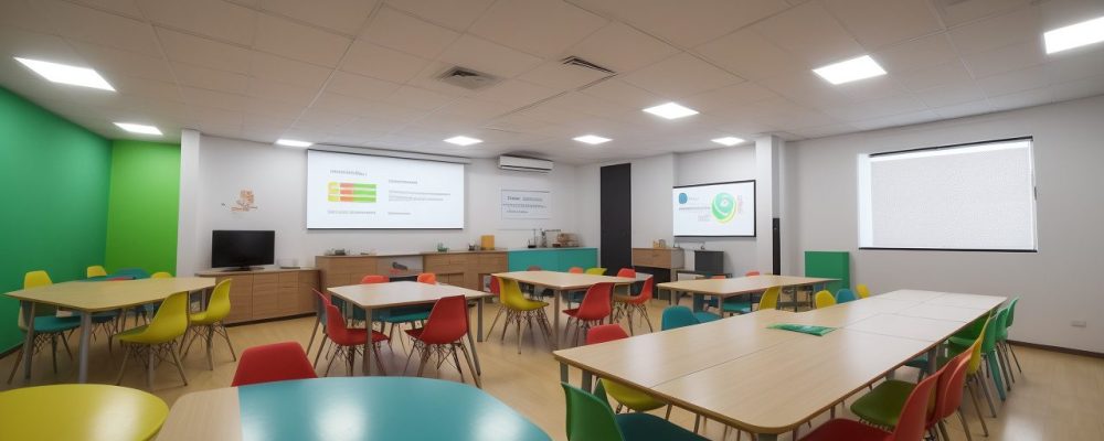 Sala de aula com alunos interagindo com jogos e projetos para o ensino da matemática, demonstrando engajamento e aprendizado.