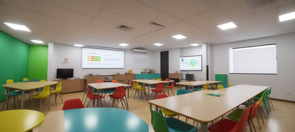 Sala de aula com alunos interagindo com jogos e projetos para o ensino da matemática, demonstrando engajamento e aprendizado.