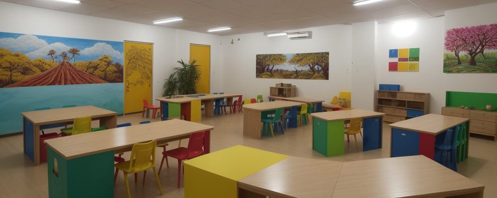 Estudantes engajados em atividades de ensino de artes em sala de aula, focando em criatividade e expressão.