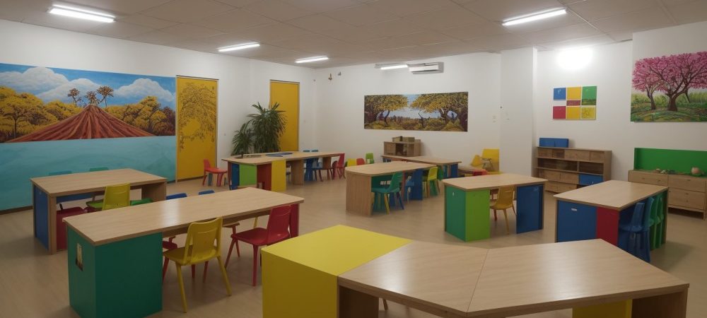 Estudantes engajados em atividades de ensino de artes em sala de aula, focando em criatividade e expressão.