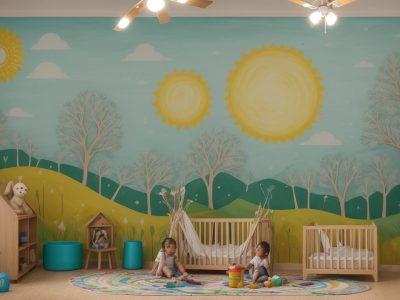 Crianças engajadas em atividades de artes visuais, como pintura e desenho, em uma sala de aula vibrante e inspiradora.