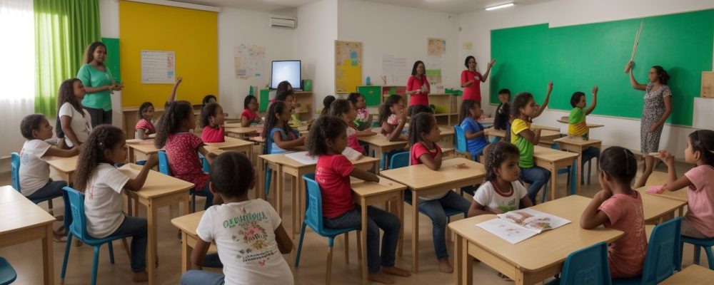 Crianças envolvidas em atividades artísticas em sala de aula, explorando a criatividade e a expressão pessoal no ensino de artes.