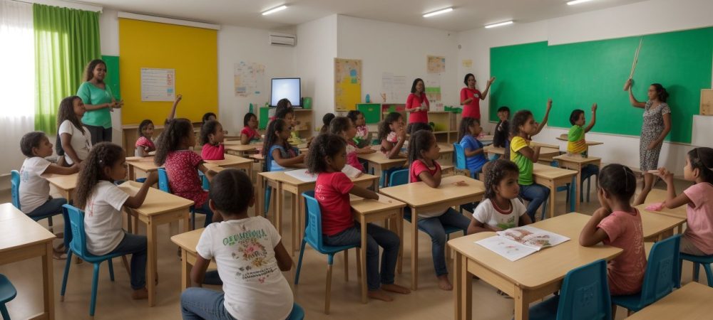 Crianças envolvidas em atividades artísticas em sala de aula, explorando a criatividade e a expressão pessoal no ensino de artes.