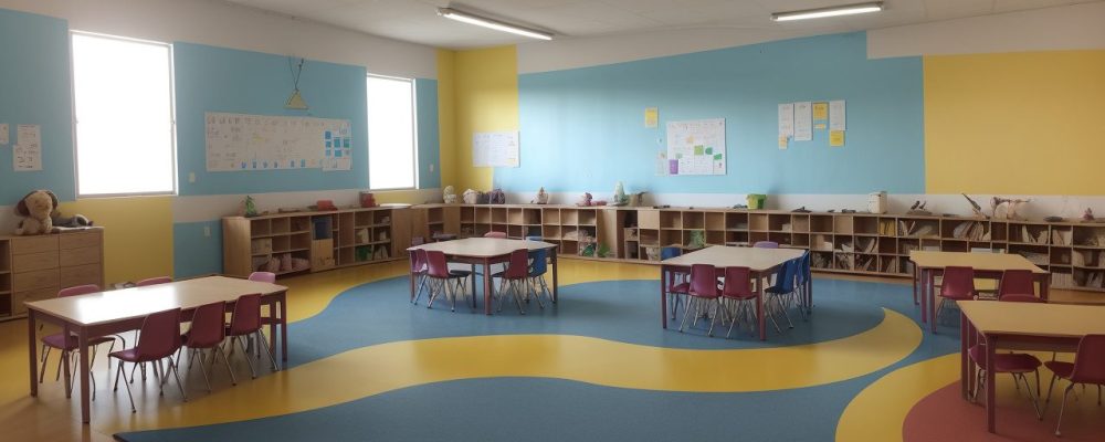 Professora ensinando artes em sala de aula, mostrando atividades artísticas para crianças e incentivando a criatividade.