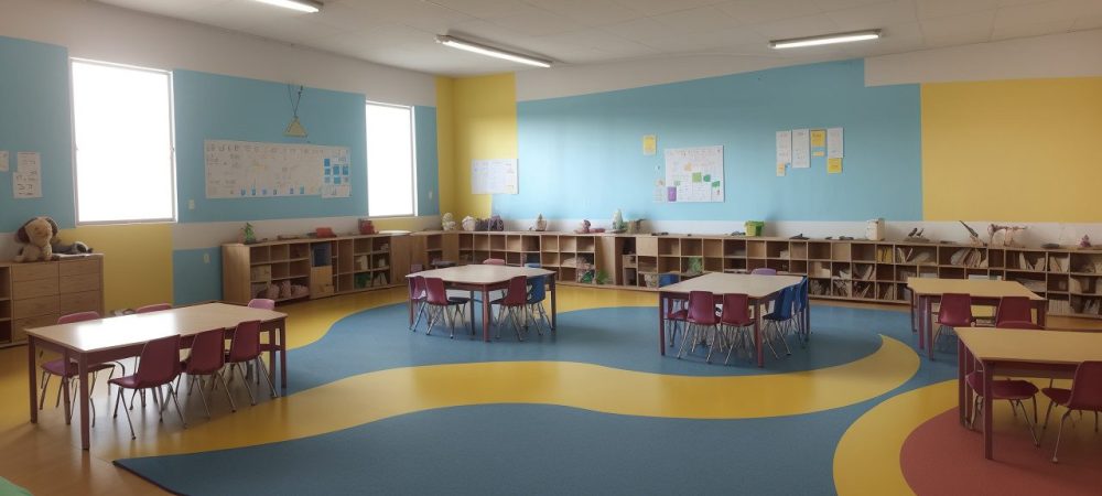 Professora ensinando artes em sala de aula, mostrando atividades artísticas para crianças e incentivando a criatividade.