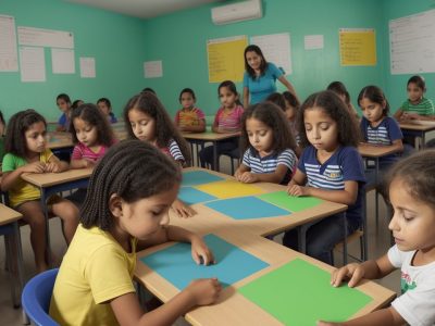 Crianças em sala de aula participando de atividades lúdicas de matemática durante o aprendizado