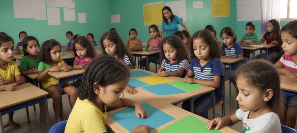 Crianças em sala de aula participando de atividades lúdicas de matemática durante o aprendizado