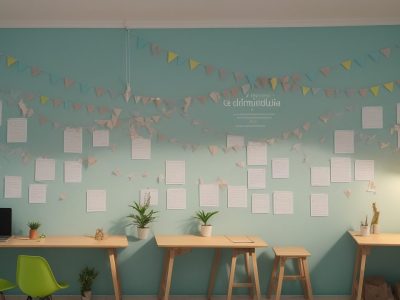 Sala de aula com recursos visuais sobre dificuldades de aprendizagem e apoio familiar