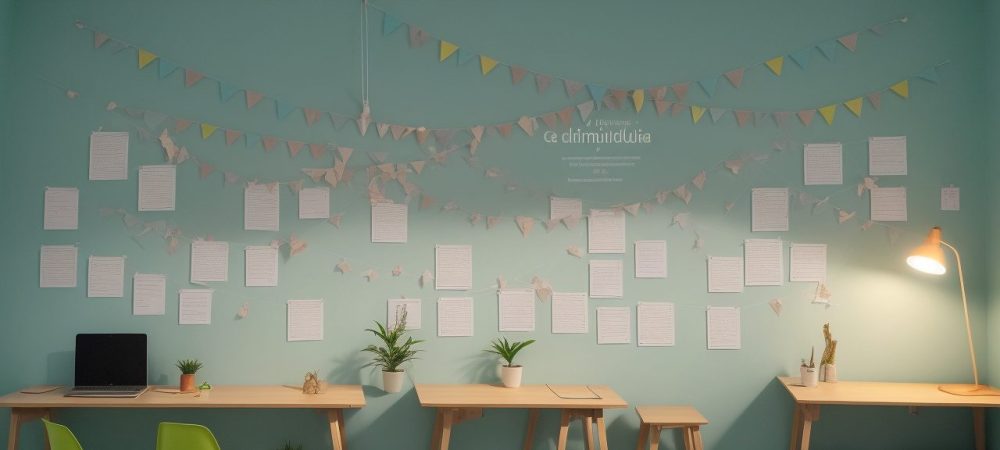 Sala de aula com recursos visuais sobre dificuldades de aprendizagem e apoio familiar