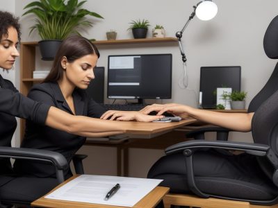 Ambiente de escritório ergonômico com cadeiras ajustáveis e computadores, mostrando a aplicação da ergonomia no setor público para conforto e saúde dos servidores.