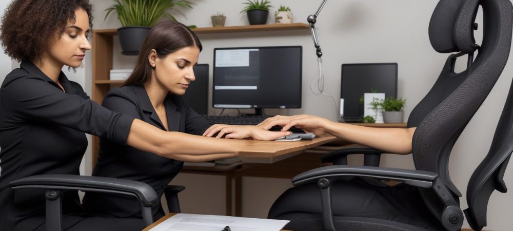 Ergonomia no Trabalho: Conforto e Produtividade no Setor Público Ambiente de escritório ergonômico com cadeiras ajustáveis e computadores, mostrando a aplicação da ergonomia no setor público para conforto e saúde dos servidores.