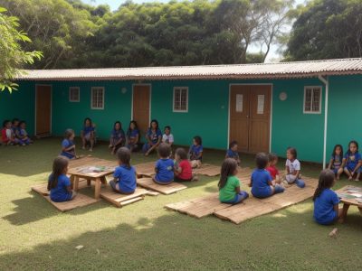 Alunos em uma escola do campo, aprendendo sobre educação ecológica e desenvolvimento sustentável em um ambiente rural.
